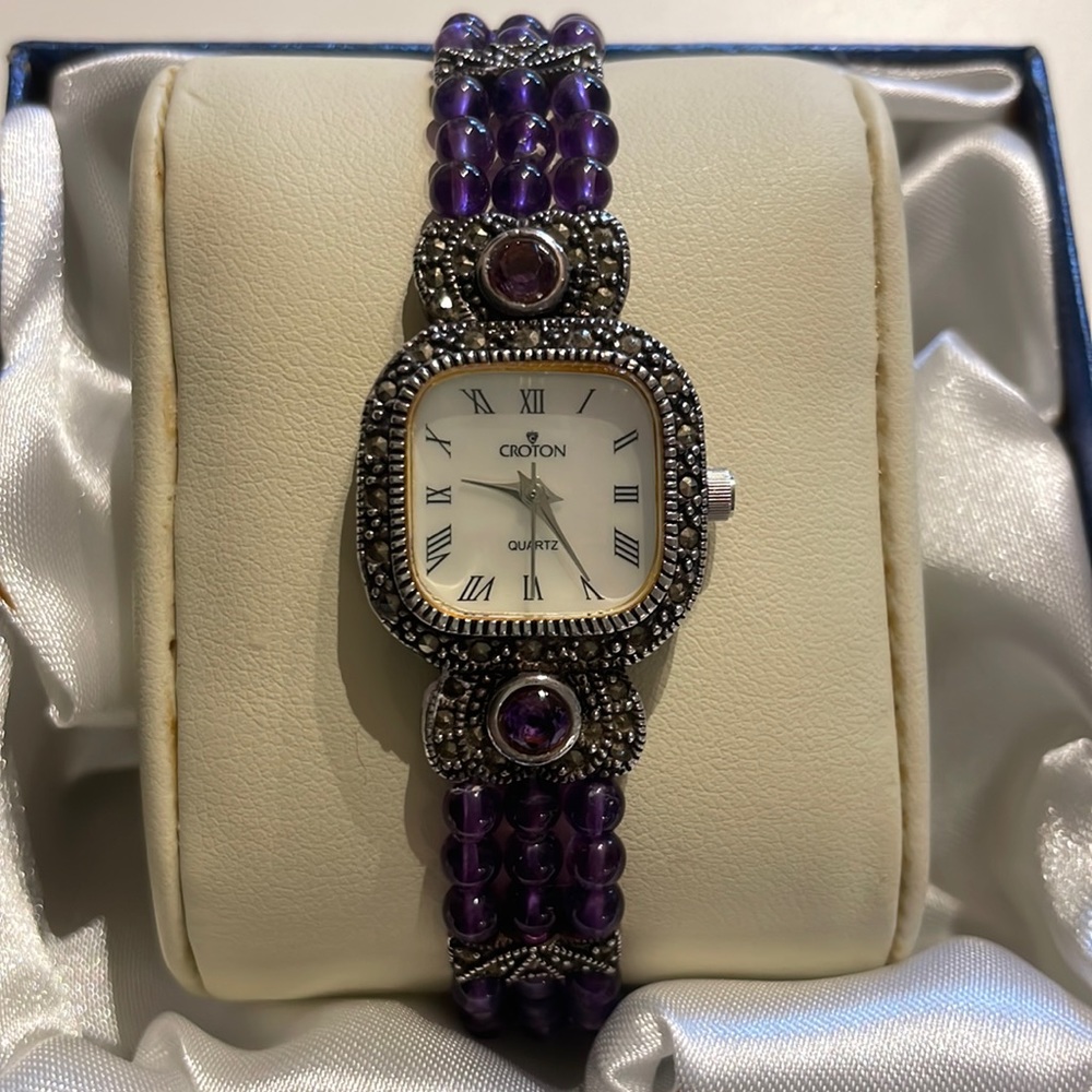 Ladies Croton Co Sinclair Watch Mother of Pearl Face Amethyst Marcasite Beads